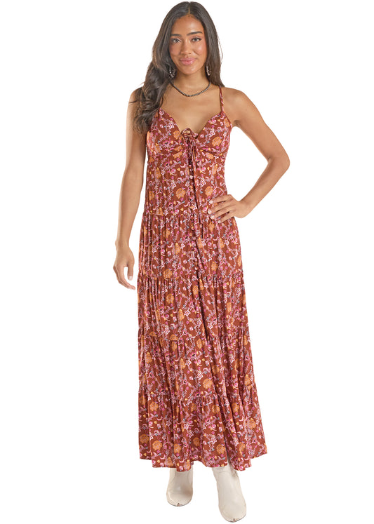 Panhandle Slim® Women's Rock N Roll Burgundy Floral Print Halter Maxi Dress