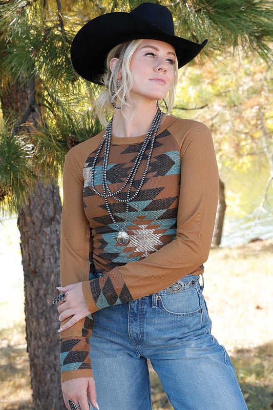 Cruel Girl® Women's Brown Aztec Print Raglan Long Sleeve Shirt