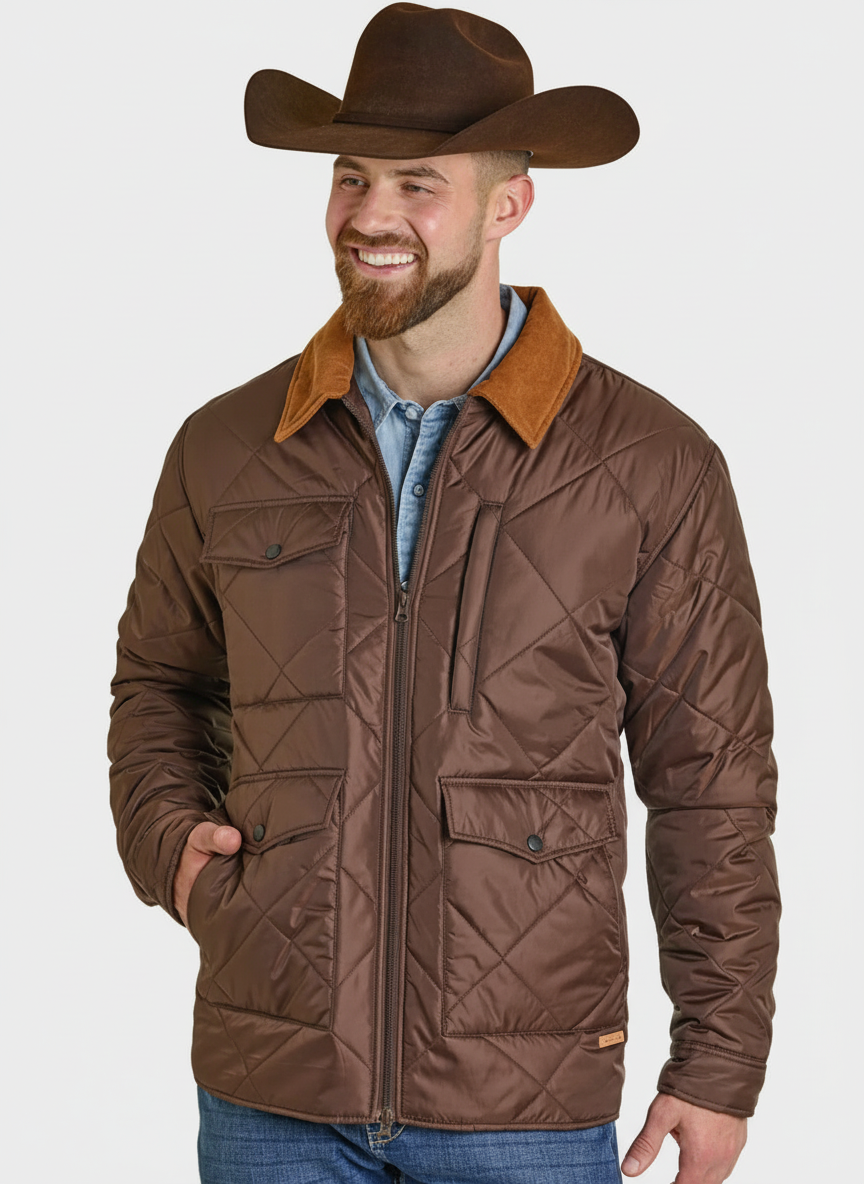 Man wearing a brown quilted jacket and cowboy hat on a white background