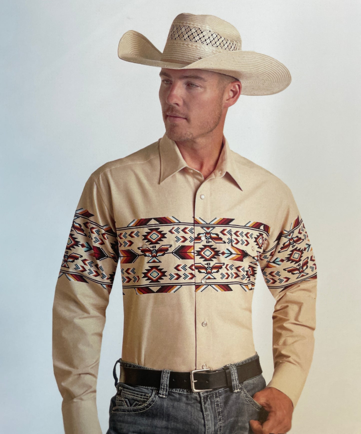 Panhandle Slim® Men's Natural Thunderbird Border Long Sleeve Snap Front Western Shirt
