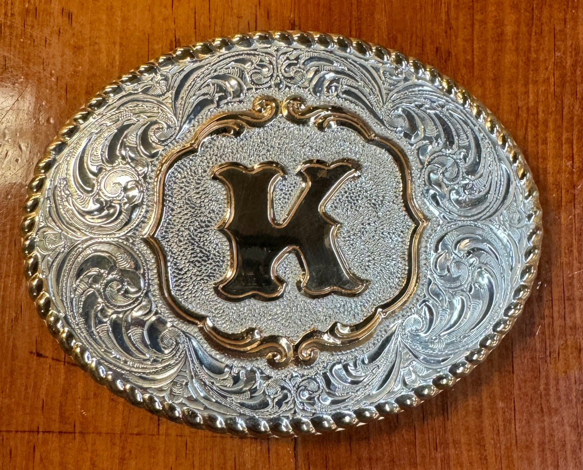 Silver and Gold Embossed K Belt Buckle Initial K Silver Engraved Gold Trim Western Belt Buckle - Etsy main image 3