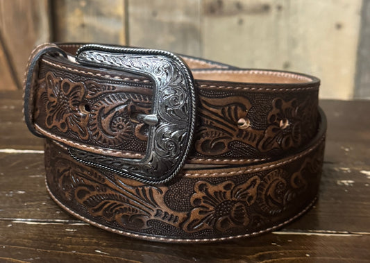 Heritage Leathers® Brown Floral Embossed Full-Grain Leather Belt
