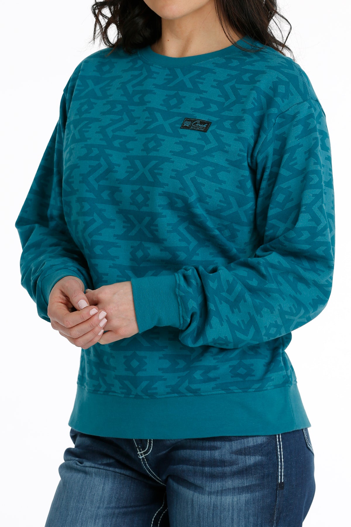 Cinch Women's Teal Southwest Print Pullover Crew Neck Sweater