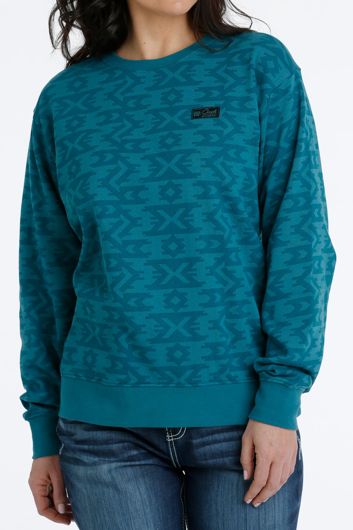 Cinch Women's Teal Southwest Print Pullover Crew Neck Sweater