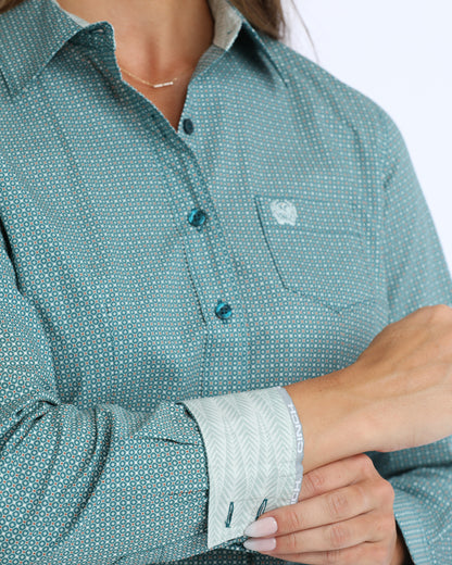 Cinch® Women's Teal Geo Print Long Sleeve Button Front Western Shirt
