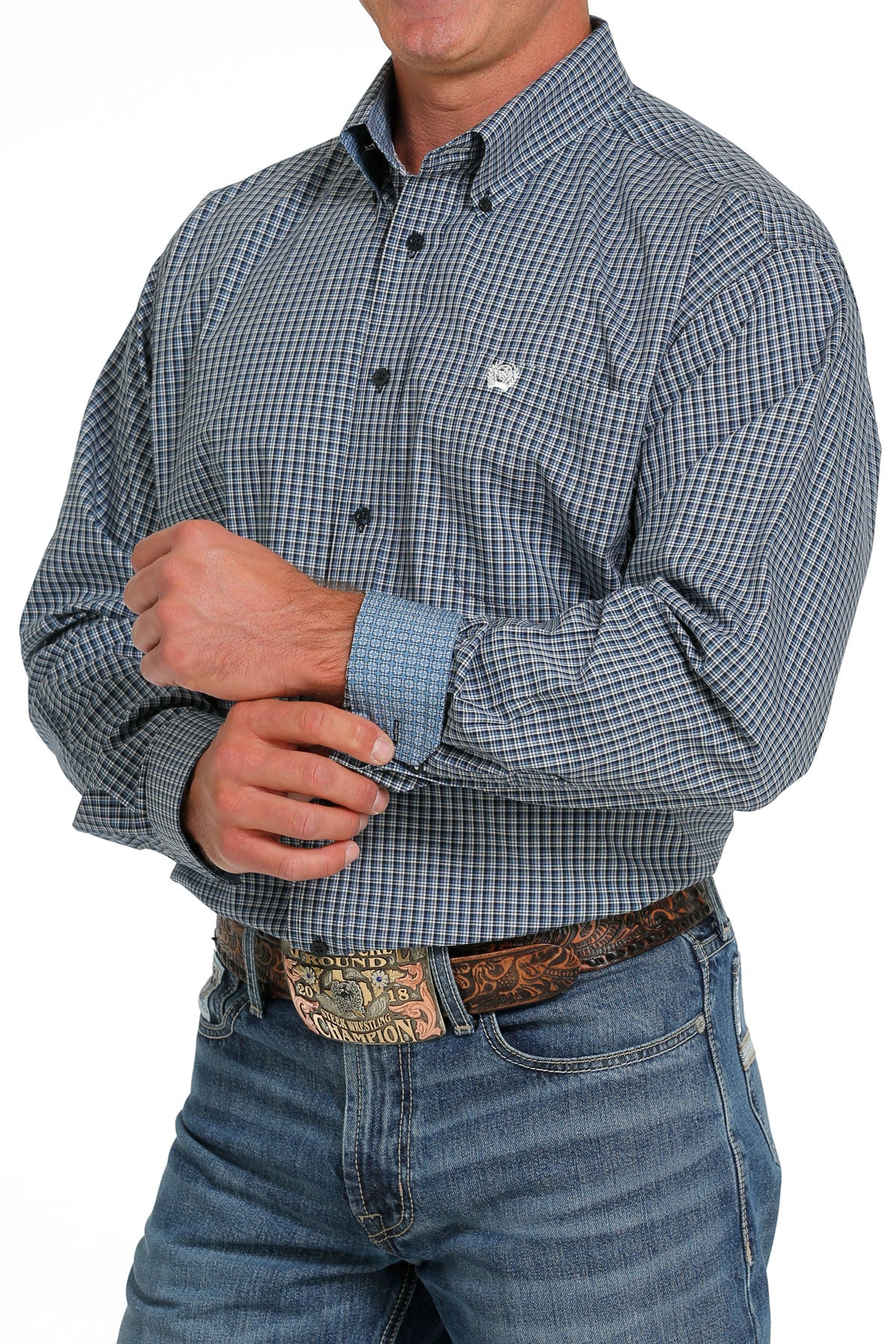 Cinch® Men's Navy Plaid Cotton-Spandex Long Sleeve Button Front Western Shirt