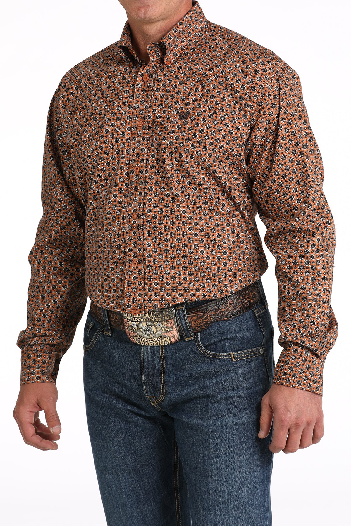 Cinch® Men's Burnt Orange Geo Print Long Sleeve Button Front Western Shirt