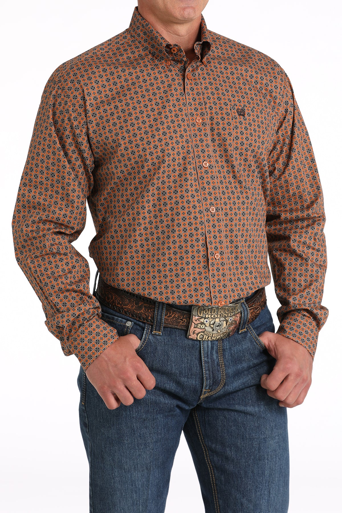 Cinch® Men's Burnt Orange Geo Print Long Sleeve Button Front Western Shirt