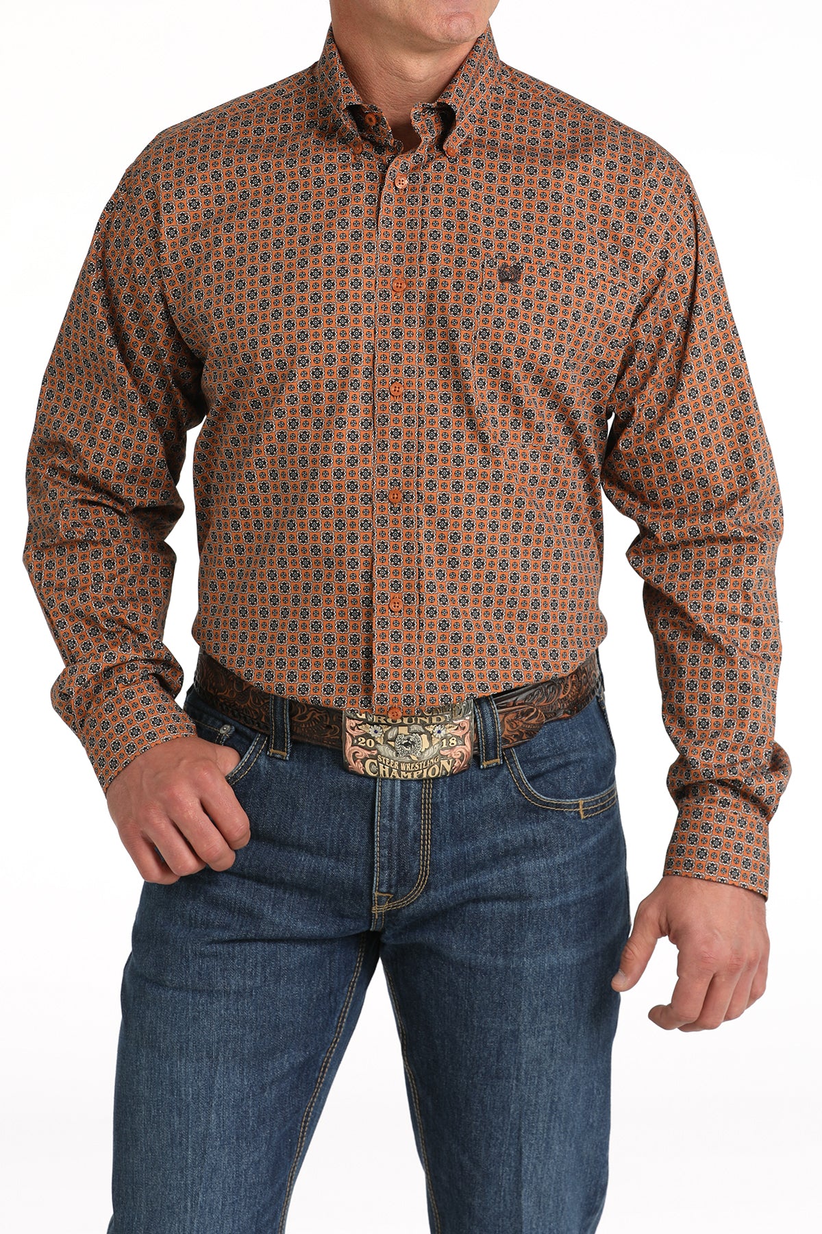 Cinch® Men's Burnt Orange Geo Print Long Sleeve Button Front Western Shirt