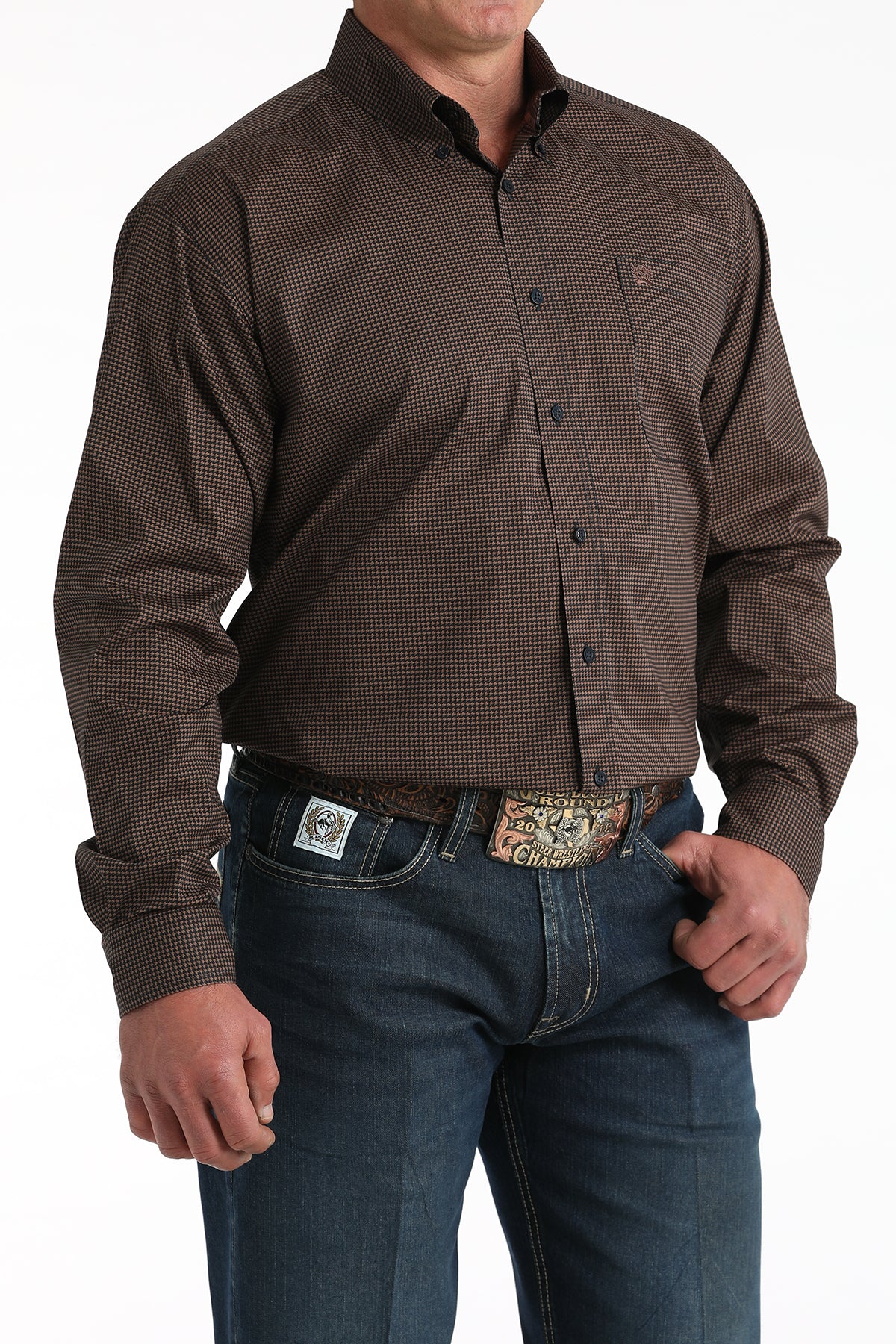 Cinch® Men's Brown/Navy Geo Print Long Sleeve Button Front Shirt