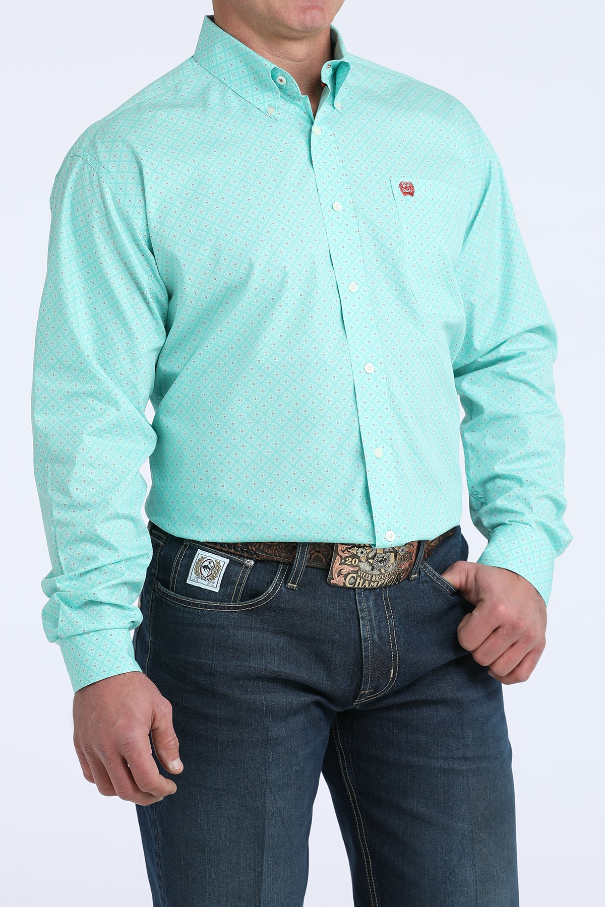 Cinch® Men's Pastel Blue Geo Print Long Sleeve Button Front Shirt