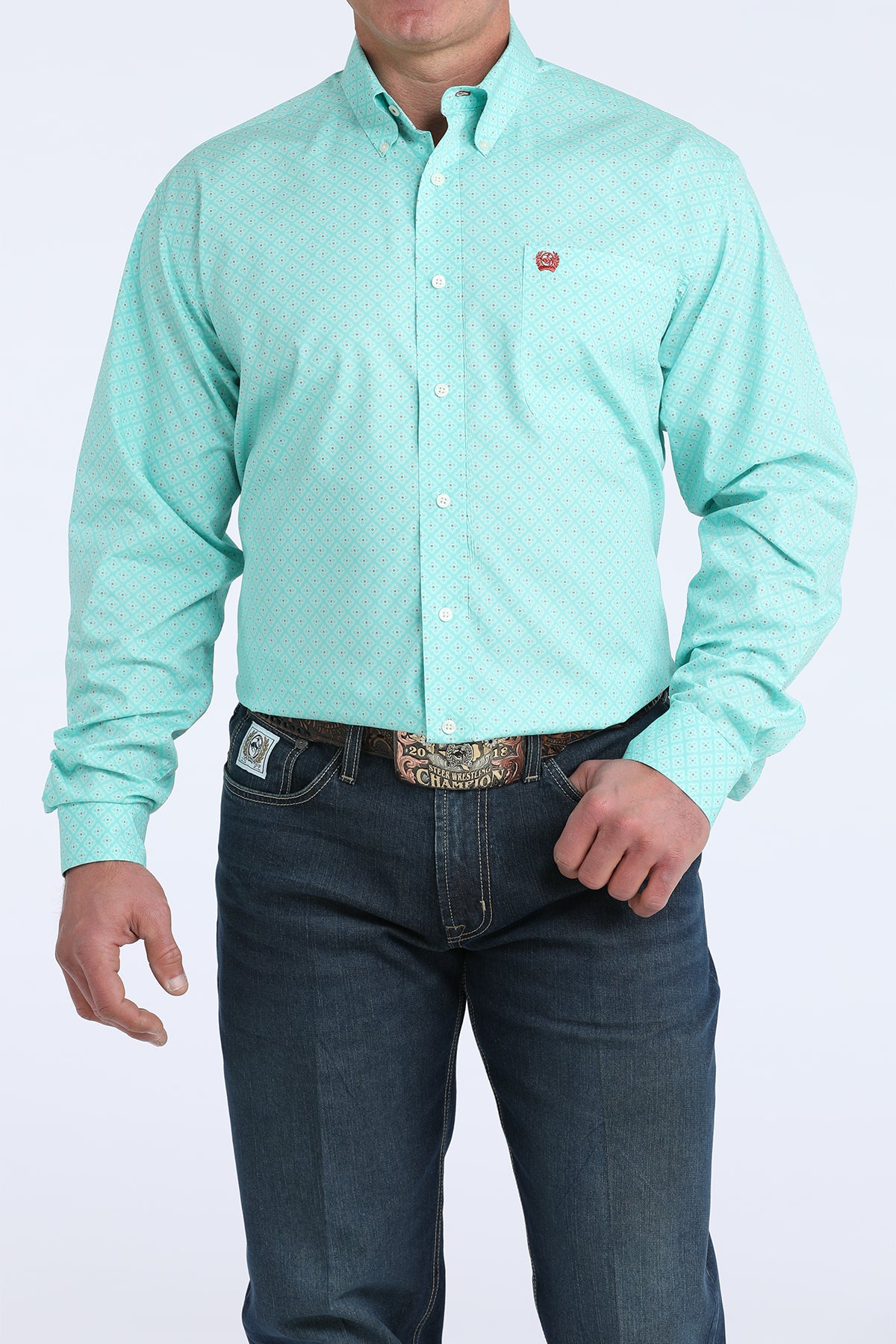 Cinch® Men's Pastel Blue Geo Print Long Sleeve Button Front Shirt