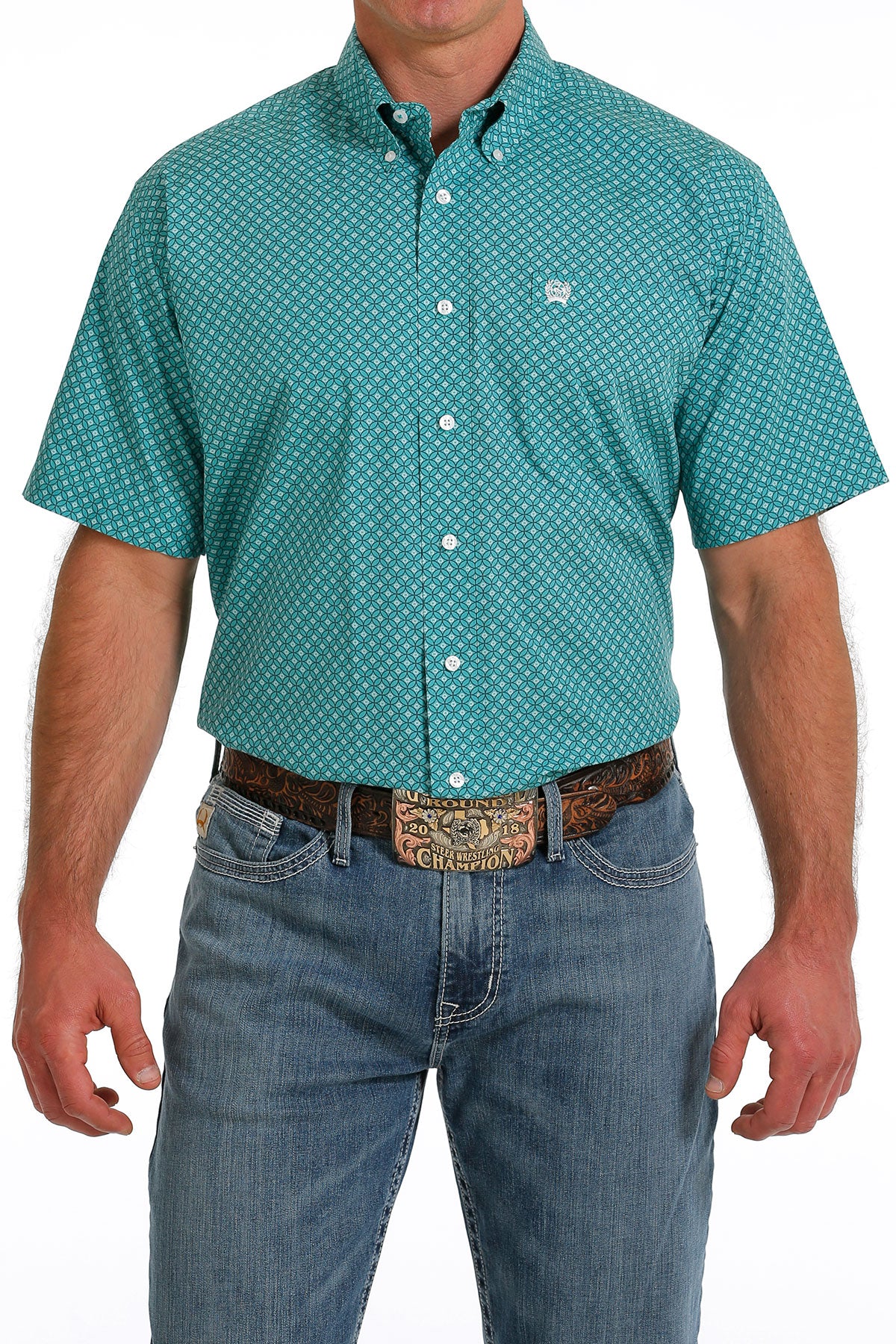 Cinch® Men's Turquoise Geo Print Short Sleeve Button Front Western Shirt