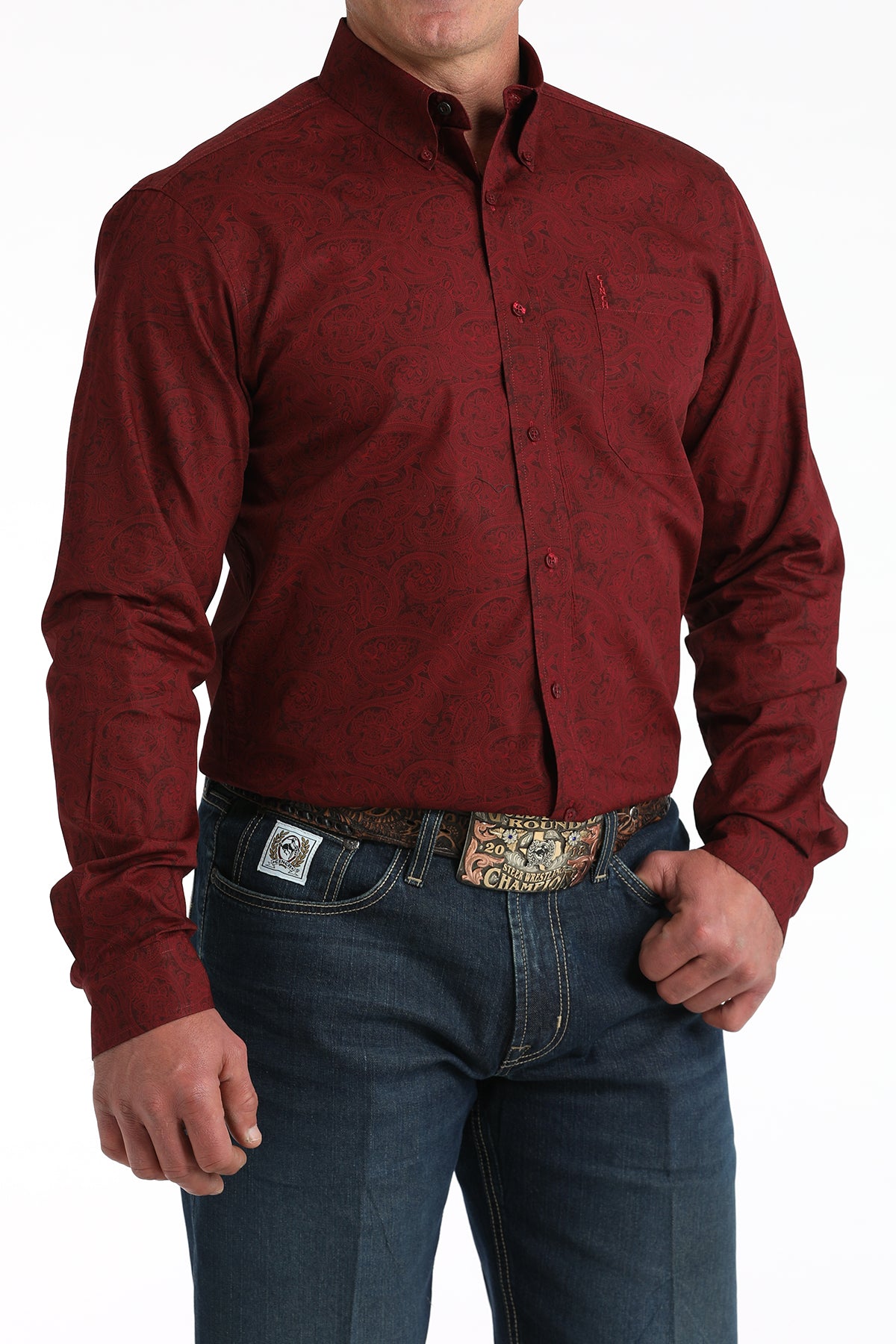 Cinch® Men's Burgundy Modern Print Long Sleeve Button Front Shirt