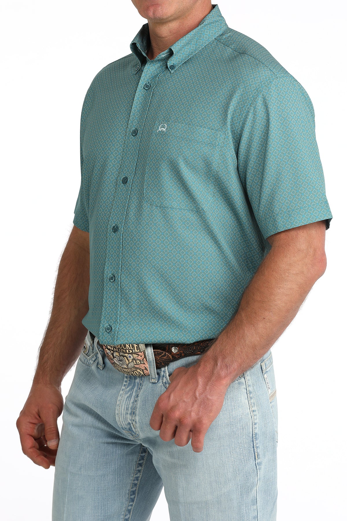 Cinch® Men's Teal Geo Print Short Sleeve Button Front Western Shirt