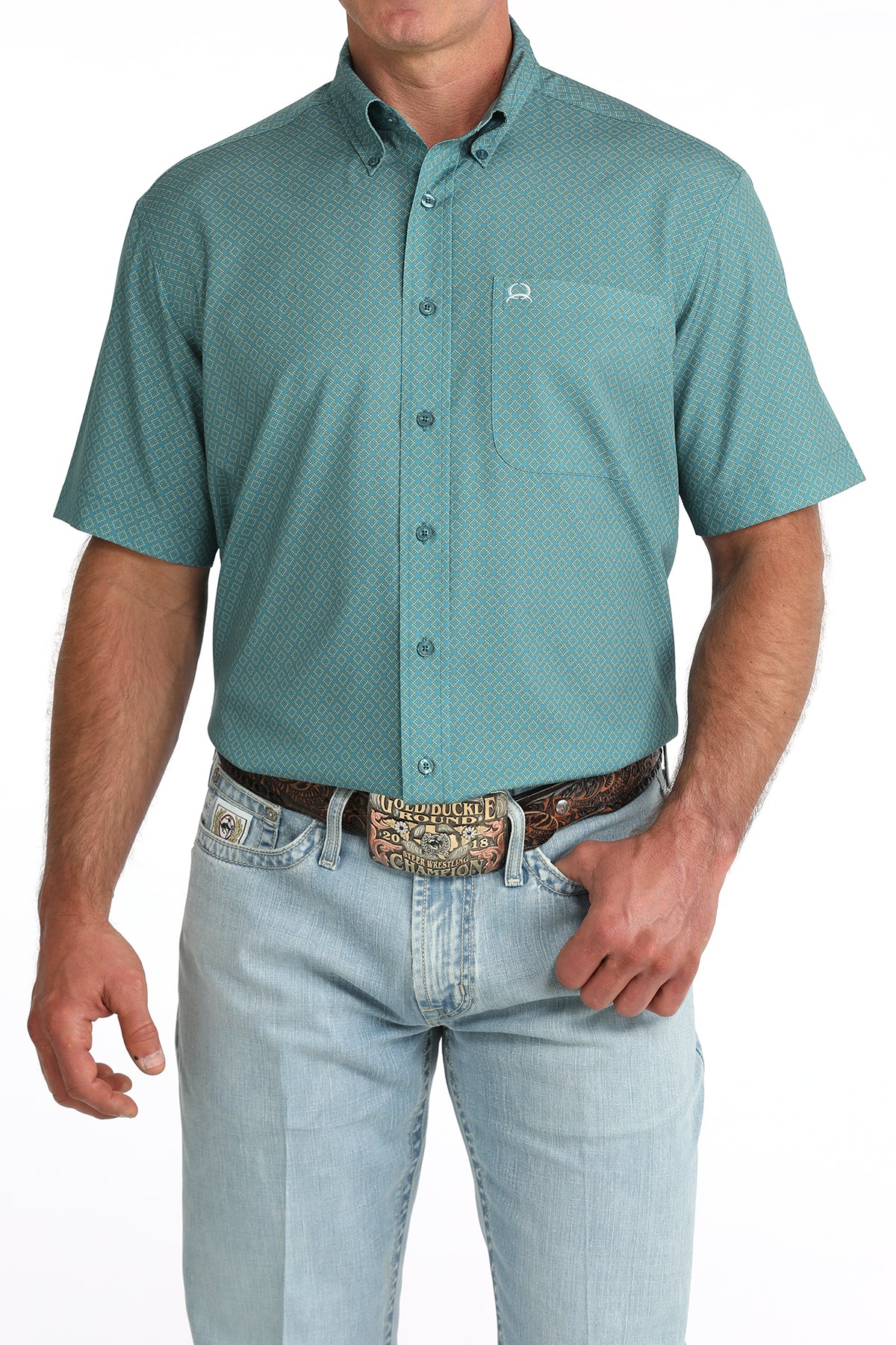 Cinch® Men's Teal Geo Print Short Sleeve Button Front Western Shirt