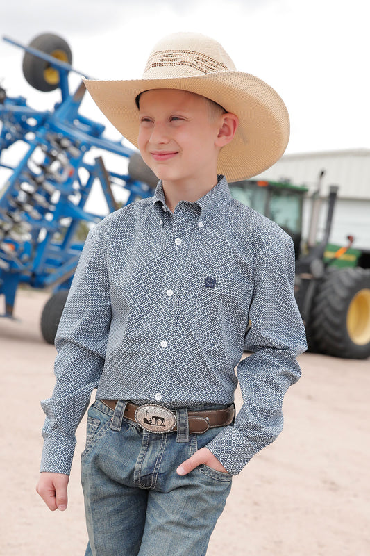 Cinch® Boys Blue Cotton Geo Print Long Sleeve Button Front Western Shirt