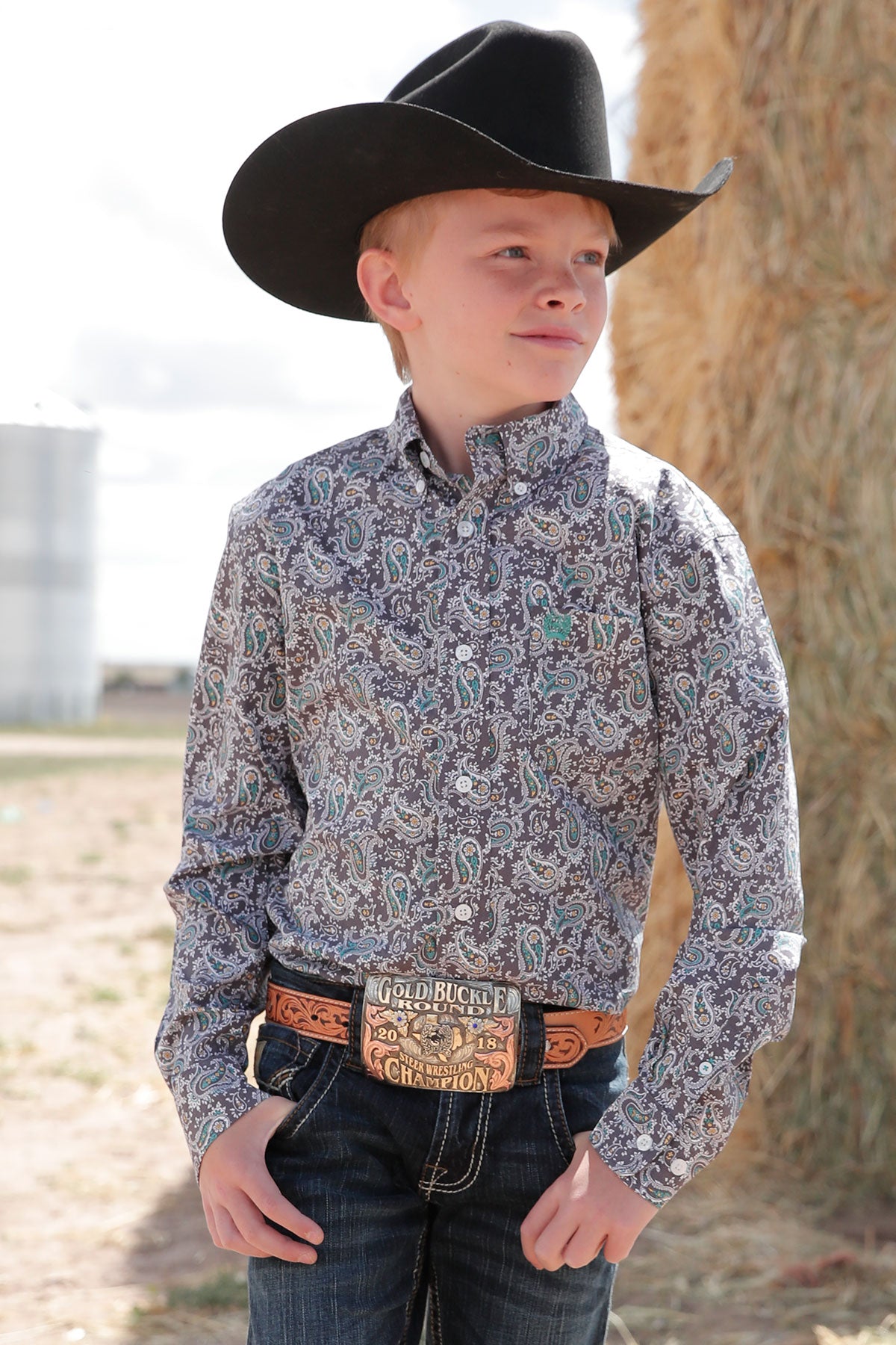 Cinch® Boys Paisley Print Long Sleeve Button Front Western Shirt