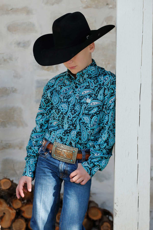 CInch® Boys Turquoise Paisley Print Long Sleeve Button Front Western Shirt
