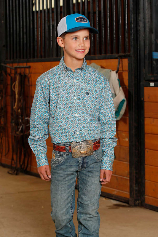Cinch® Boy's Blue Plain Weave Long Sleeve Button Front Shirt