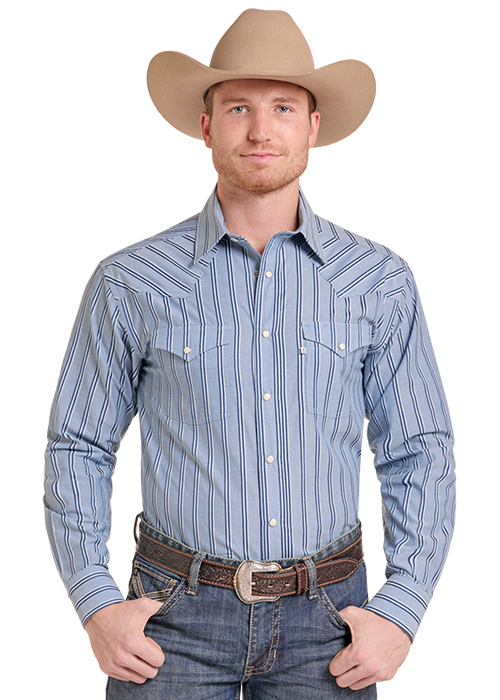 Panhandle Slim® Men's Blue Striped Long Sleeve Snap Front Western Shirt