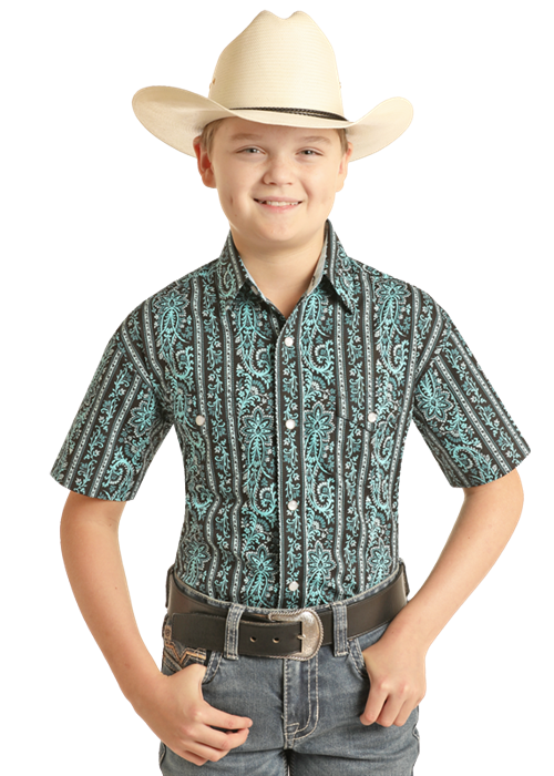 Panhandle Slim® Boys Turquoise Paisley Short Sleeve Snap Front Western ...