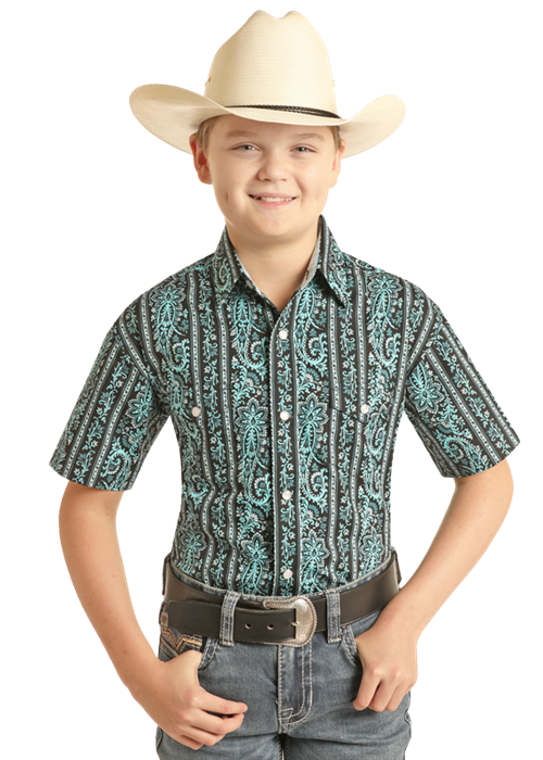 Panhandle Slim® Boys Turquoise Paisley Short Sleeve Snap Front Western Shirt