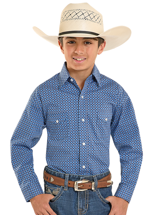 Panhandle Slim® Boys Blue Geo Print Long Sleeve Snap Front Shirt