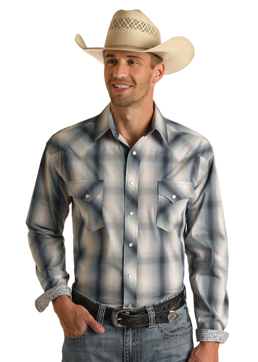 Panhandle Slim® Men's Rock N Roll Blue Plaid Long Sleeve Snap Front Western Shirt