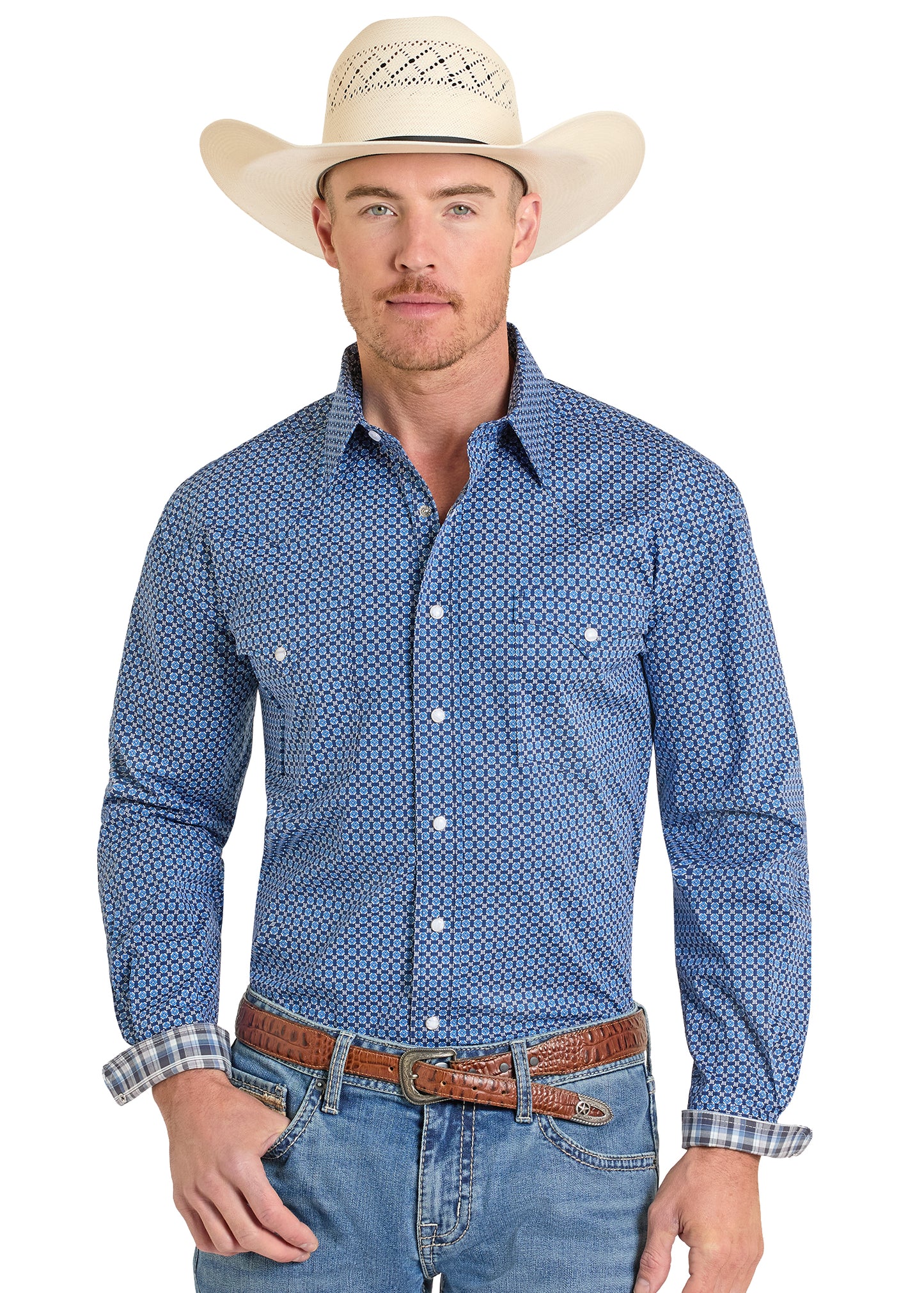 Panhandle Slim® Men's Blue Geo Print Long Sleeve Snap Front Shirt