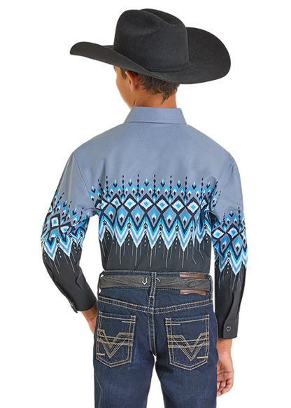 Panhandle Slim® Boys Blue Aztec Border Long Sleeve Snap Front Western Shirt