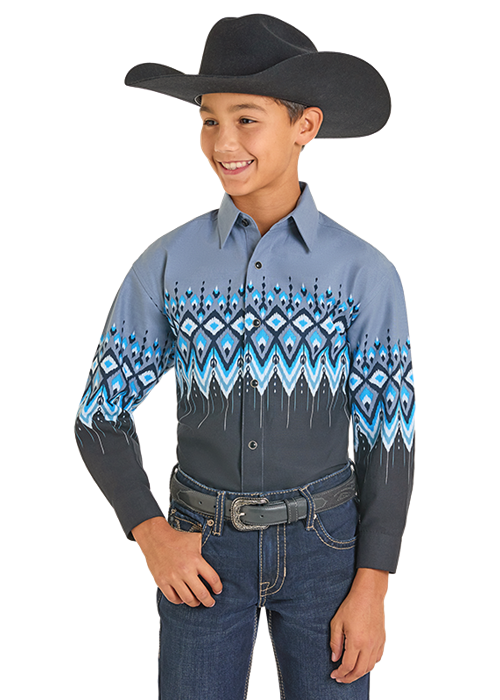 Panhandle Slim® Boys Blue Aztec Border Long Sleeve Snap Front Western Shirt
