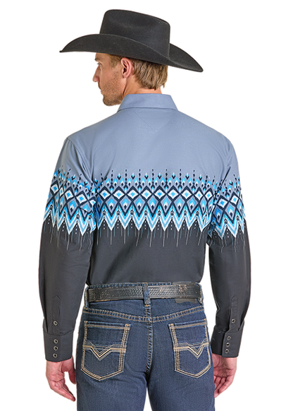 Panhandle Slim® Men's Blue Aztec Border Print Long Sleeve Snap Front Western Shirt