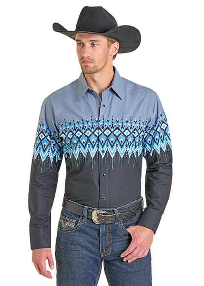 Panhandle Slim® Men's Blue Aztec Border Print Long Sleeve Snap Front Western Shirt