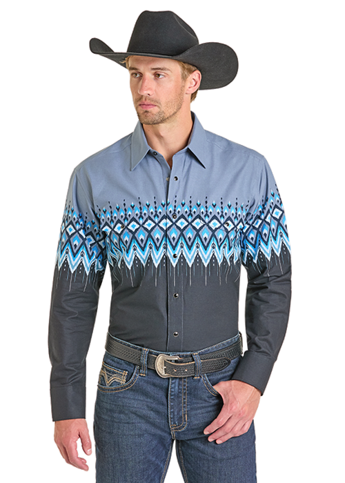 Panhandle Slim® Men's Blue Aztec Border Print Long Sleeve Snap Front Western Shirt