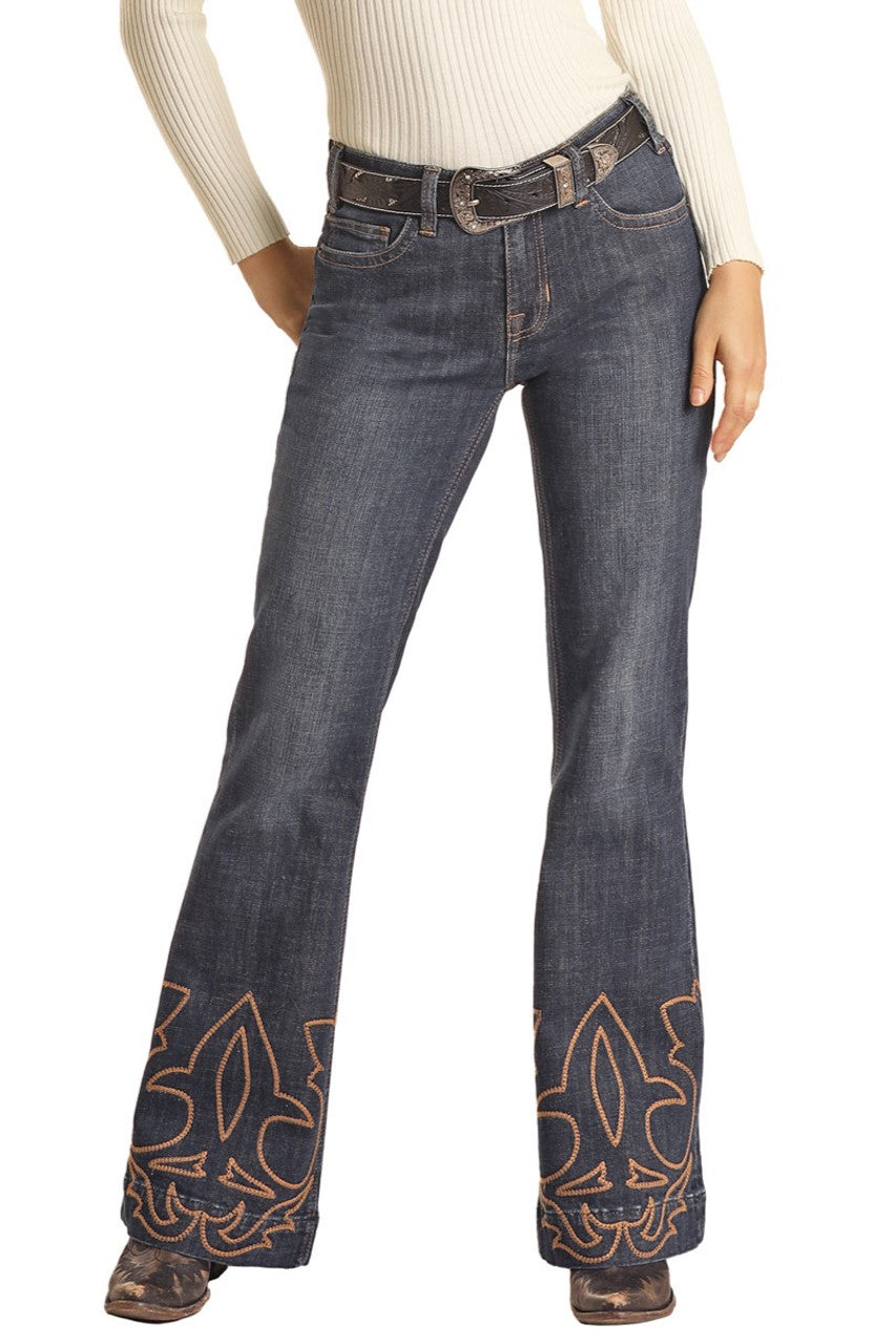Panhandle Slim® Women's Rock & Roll Dark Wash Embroidered Hem Denim Jeans