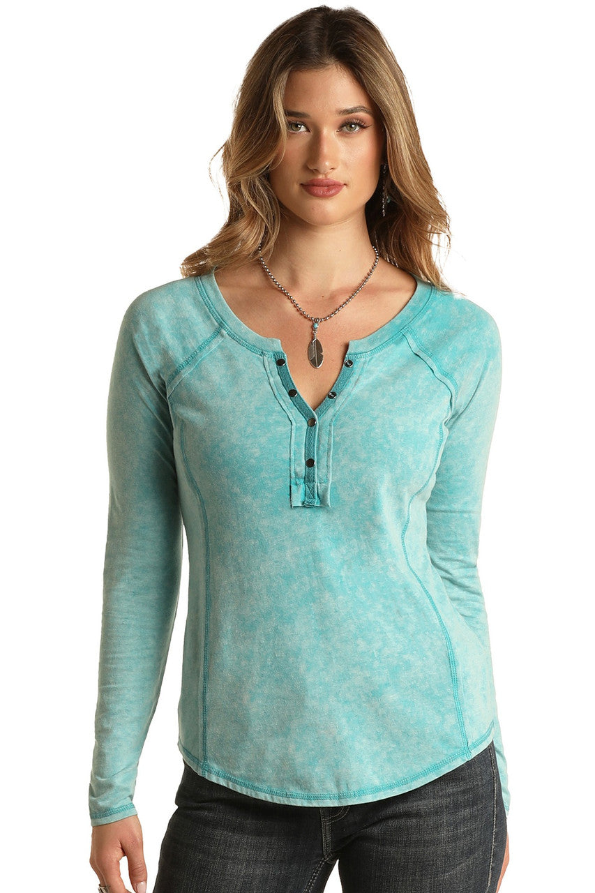 Panhandle Slim® Women's Turquoise Princess Seam Long Sleeve Henley Shirt