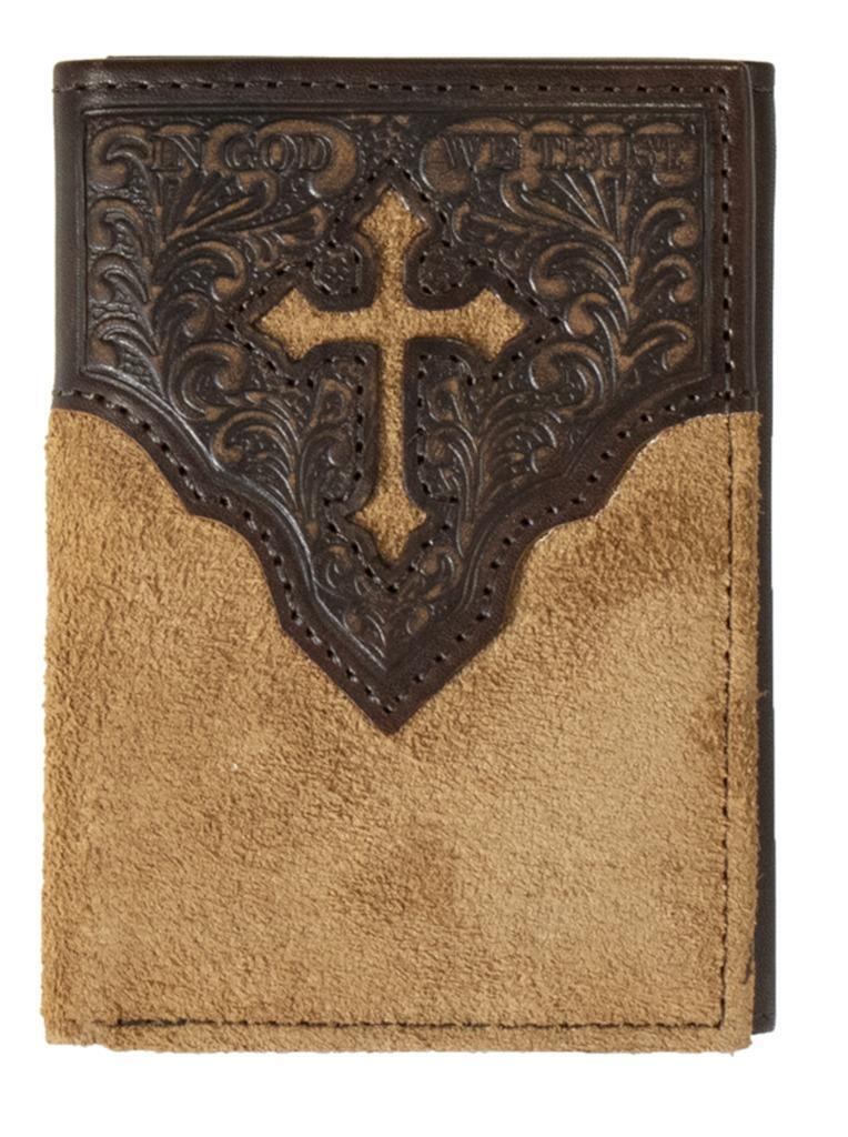 M&F® Men's Nocona Brown Embossed Cross Trifold Leather Western Wallet