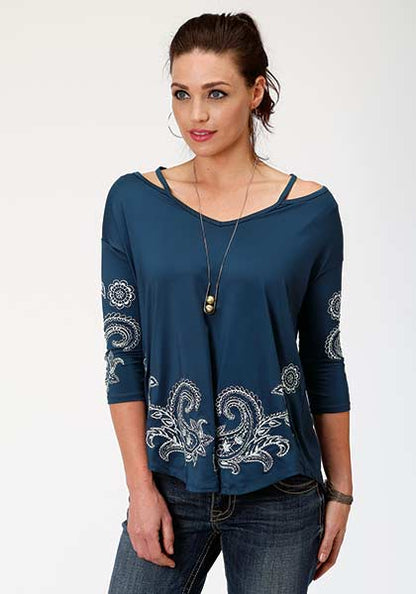 Roper® Women's Blue Bayou Elbow Sleeve Pullover Western Blouse