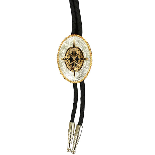 Double S® Silver & Gold Oval Black Leatherette Bolo Tie