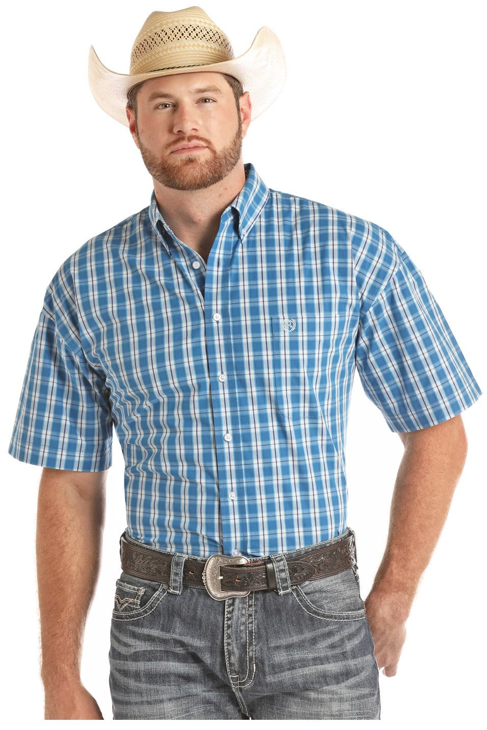 Panhandle Slim® Men's Blue Poplin Checks Short Sleeve Button Front Western Shirt