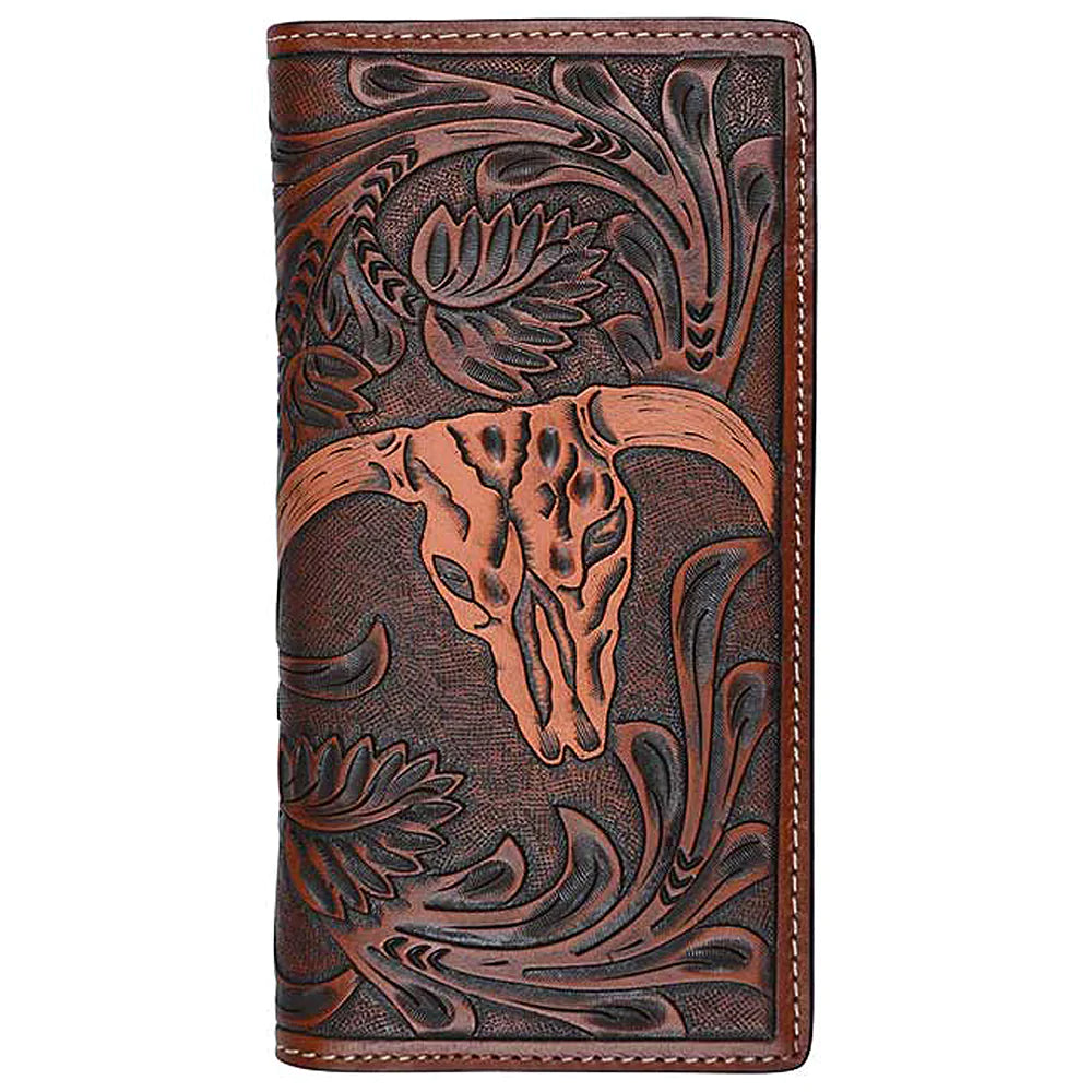 3D® Men's Western Steer Head Floral Tooled Leather Rodeo Wallet