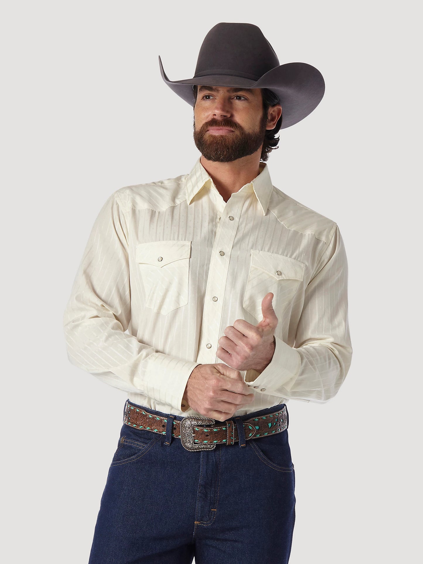Wrangler® Men's Cream Stripe Long Sleeve Snap Front Western Shirt