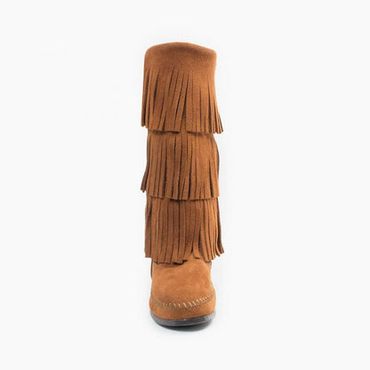 Minnetonka® Women's 3-Layer Fringe Hard Sole Suede Leather Moccasin Boots