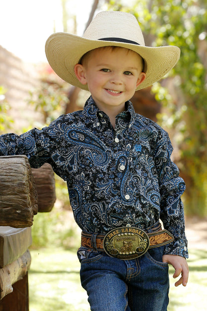 Cinch® Boy's Blue Paisley Print Long Sleeve Button Front Western Shirt