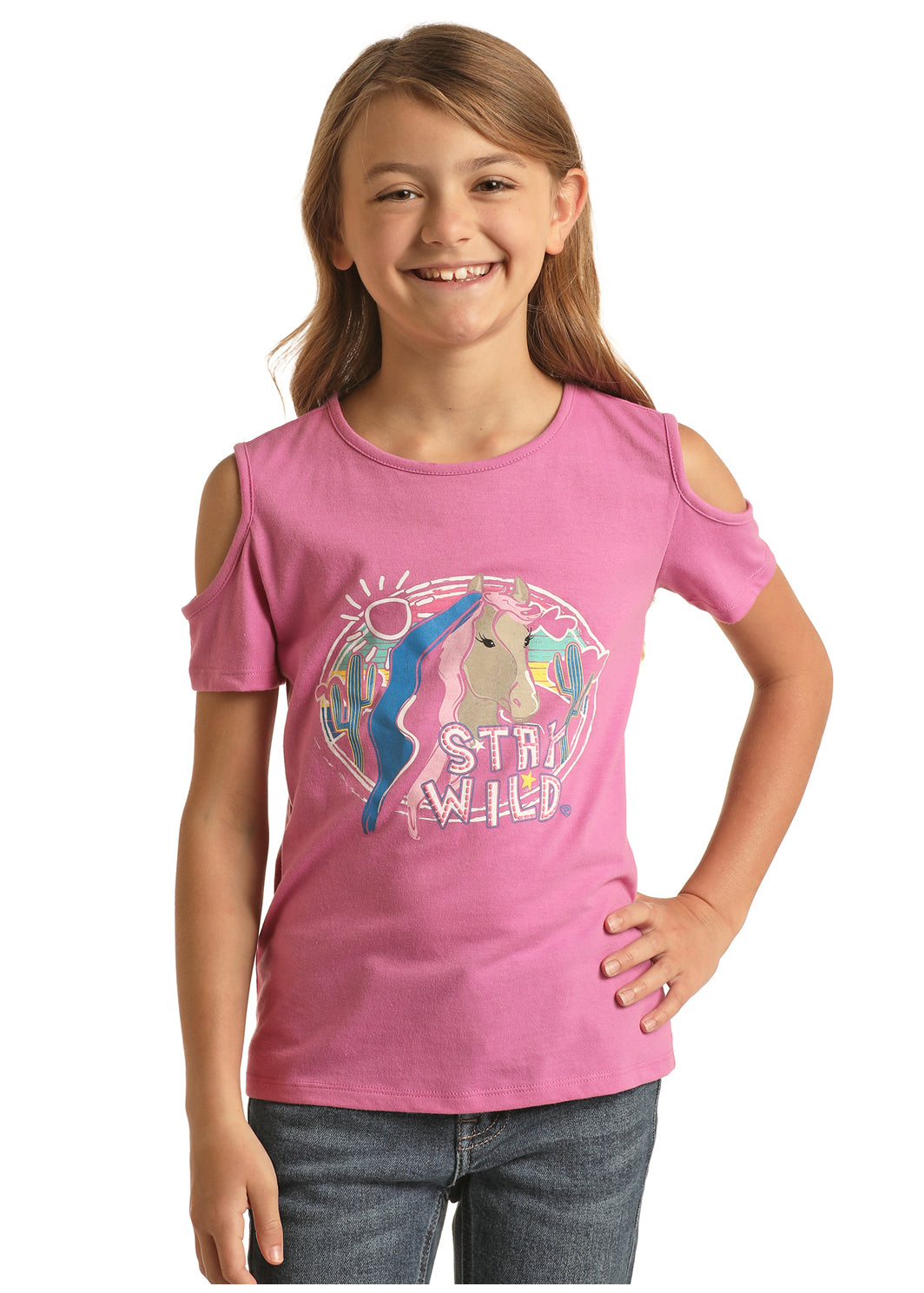 Panhandle Slim® Girl's Pink Stay Wild Print Western T-Shirt