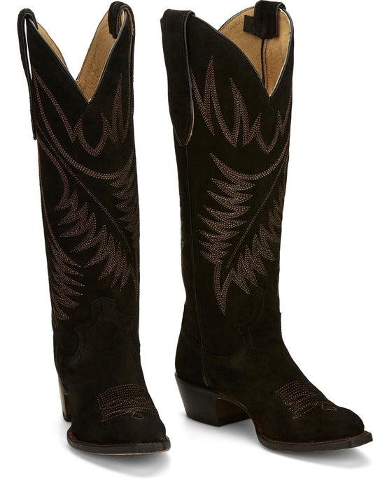 Justin® Women's Clara Black Suede Leather Tall Cowboy Boots