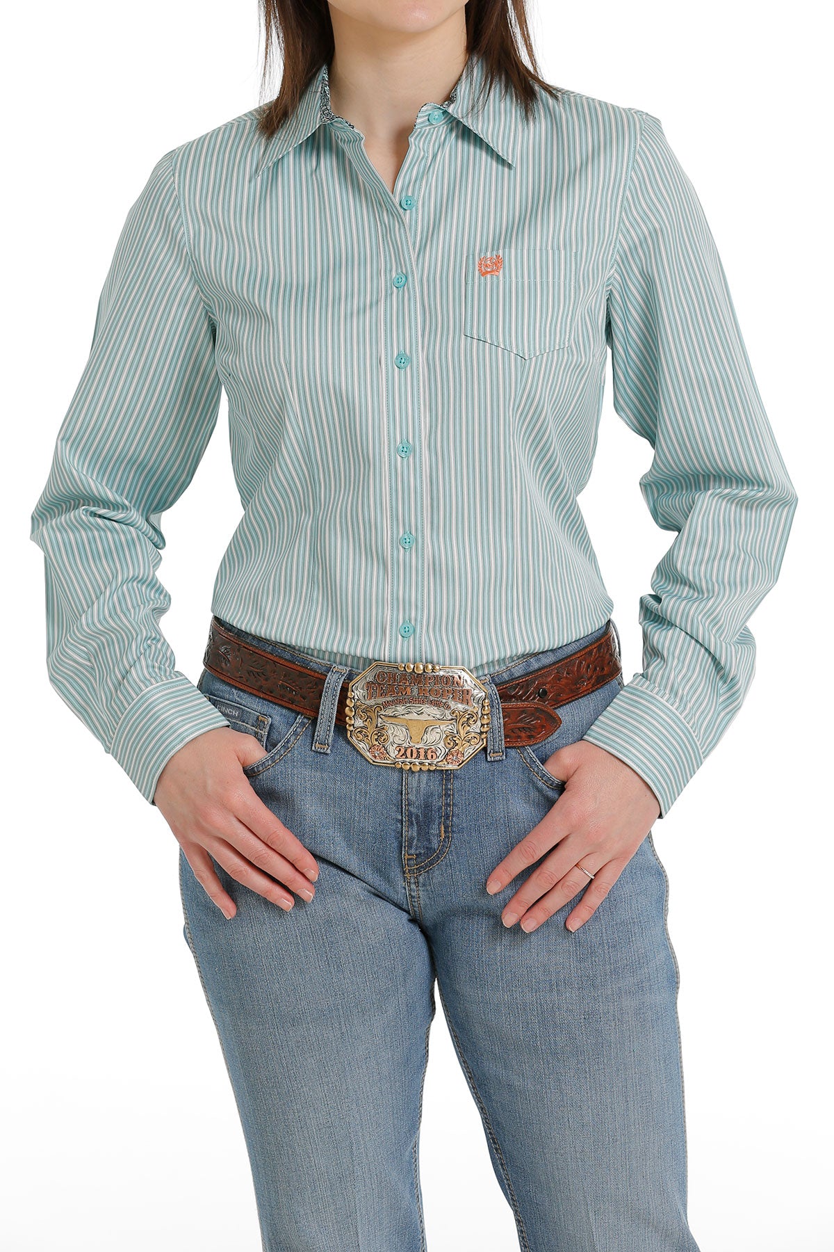 Cinch® Women's Light Blue Stripe Long Sleeve Button Front Western Shirt