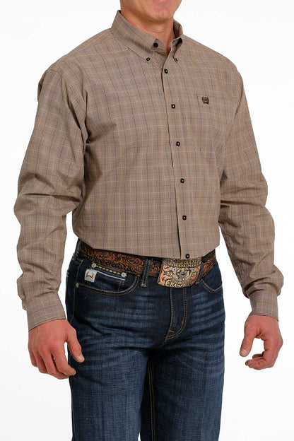 Cinch® Men's Khaki Plaid Print Long Sleeve Button Front Western Shirt