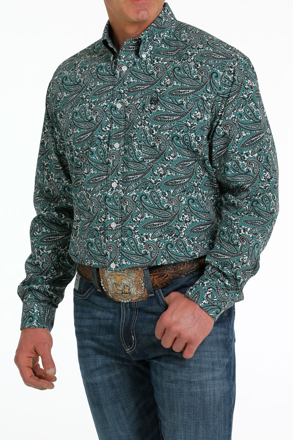 Cinch® Men's Teal Green Paisley Print Long Sleeve Snap Front Western Shirt